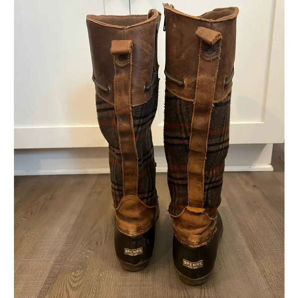 Sperry Saltwater Sela Plaid & Leather Tall Duck Boot Style